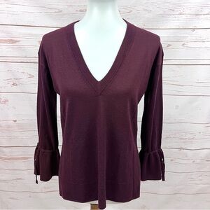 NWT J.Crew Merino Wool Burgundy V-Neck Tunic Sweater Drawstring Cuff Bell Sleeve